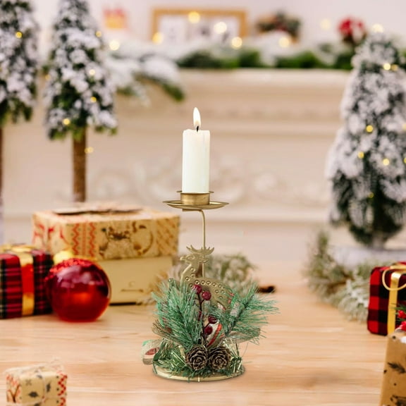 Candle Holders Christmas Decor - Gold Reindeer Candlestick with Pine Branches, Pinecones, Red Berries for Taper Table Centerpiece Festive Ornaments Mantel Home