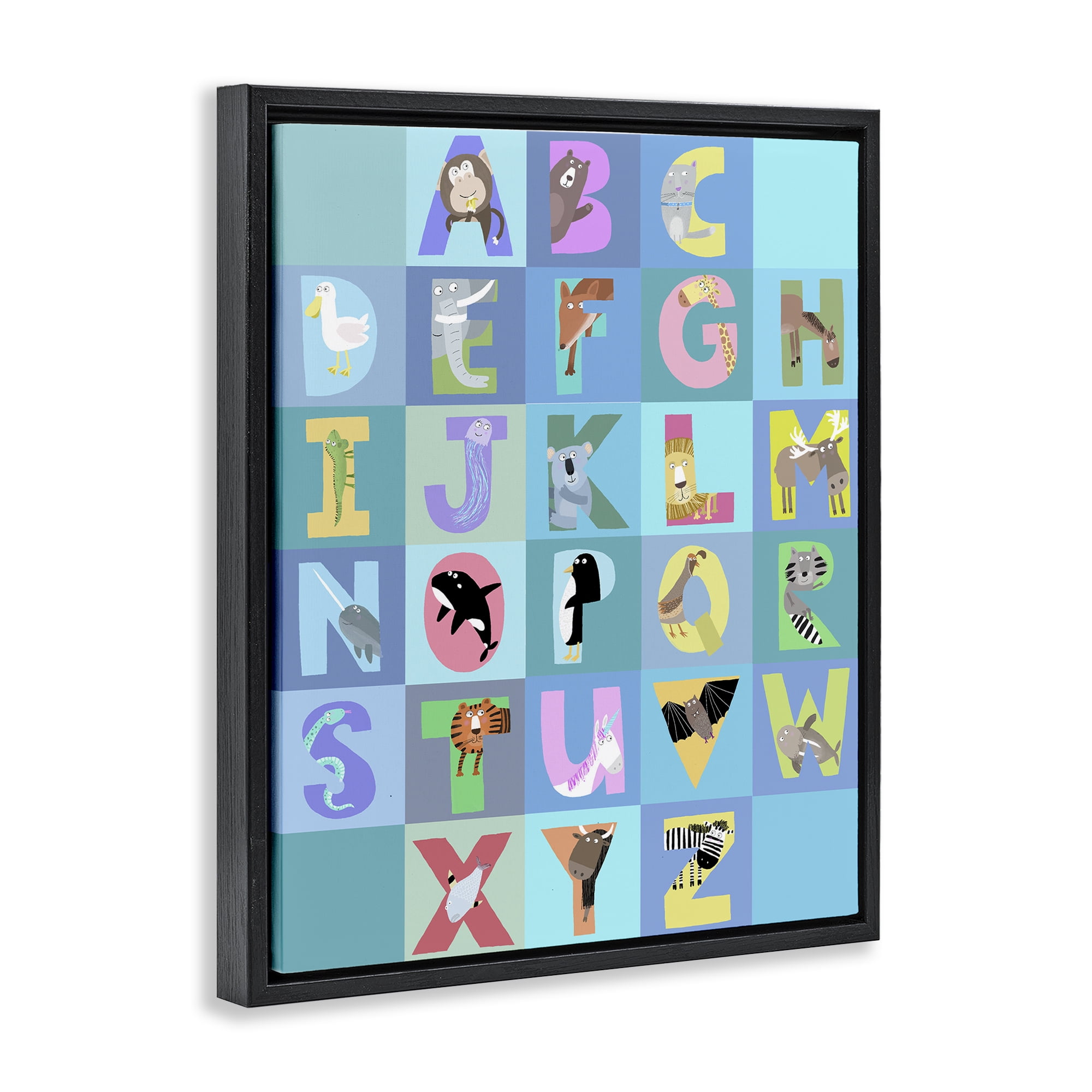 Stupell Industries Animal Alphabet in Blue Black Framed Floater Canvas Wall Art, design by Carla Daly