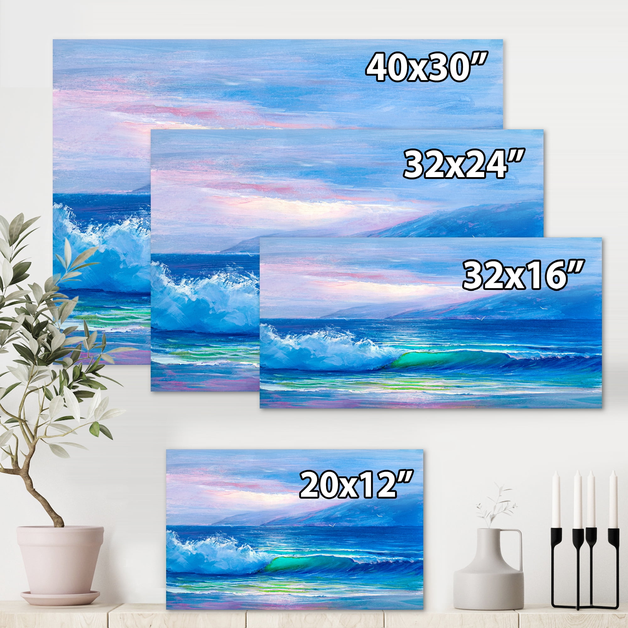 Blue Waves Breaking At The Beach Landscape II 8 in x 12 in Painting Canvas Art Print, by Designart