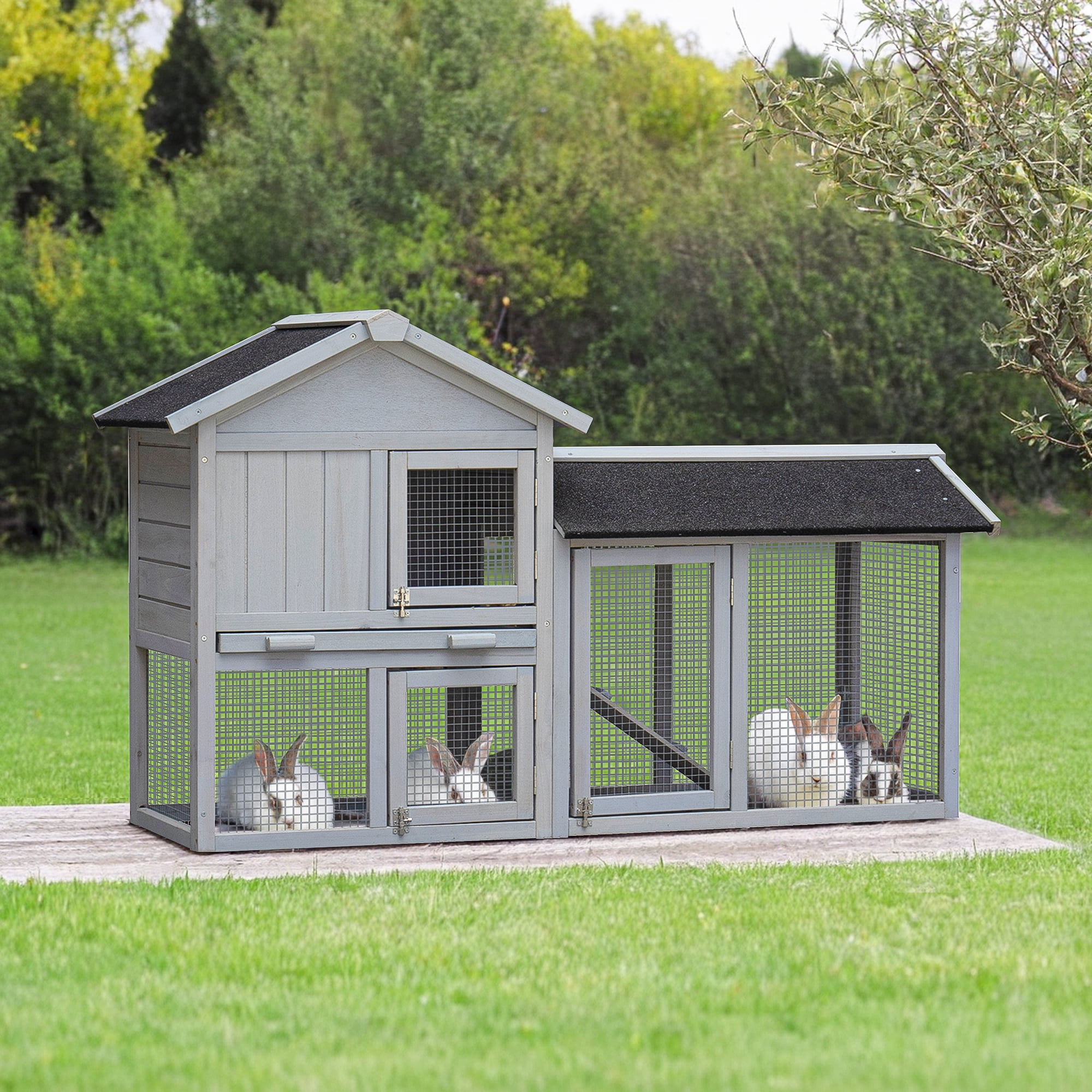 Pefilos 55" Indoor Rabbit Hutch with Trays, Outdoor Weatherproof Bunny Cage, Pet House with Run, Gray Pefilos 55" Indoor Rabbit Hutch with Trays, Outdoor Weatherproof Bunny Cage, Pet House with Run, Gray