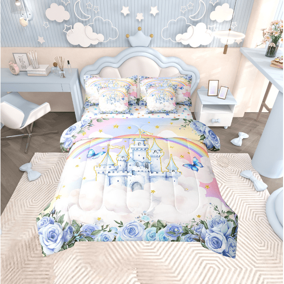 Erosebridal Dreamy Castle Bedding Sets Twin Size,Floral Rainbow Comforter Sets with Sheets,Flying Butterfly Bed in a Bag Twin size,Ultra Soft Bling Room Decorative,Reversible,7-Piece