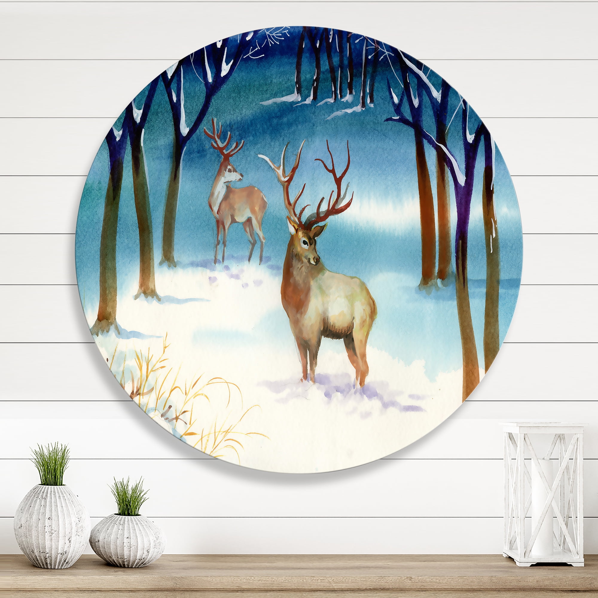 Designart 'Deers With Winter Landscape' Traditional Circle Metal Wall Art 11x11 - Disc of 11