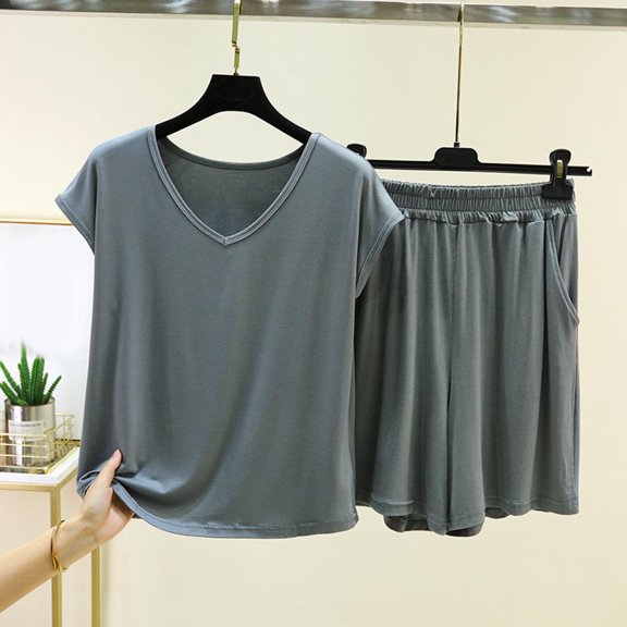 uublik Pajamas for Women Set Shorts Short Sleeve Top and Loose Shorts Casual Comfy Soft Sleepwear for Nightwear Dark Gray