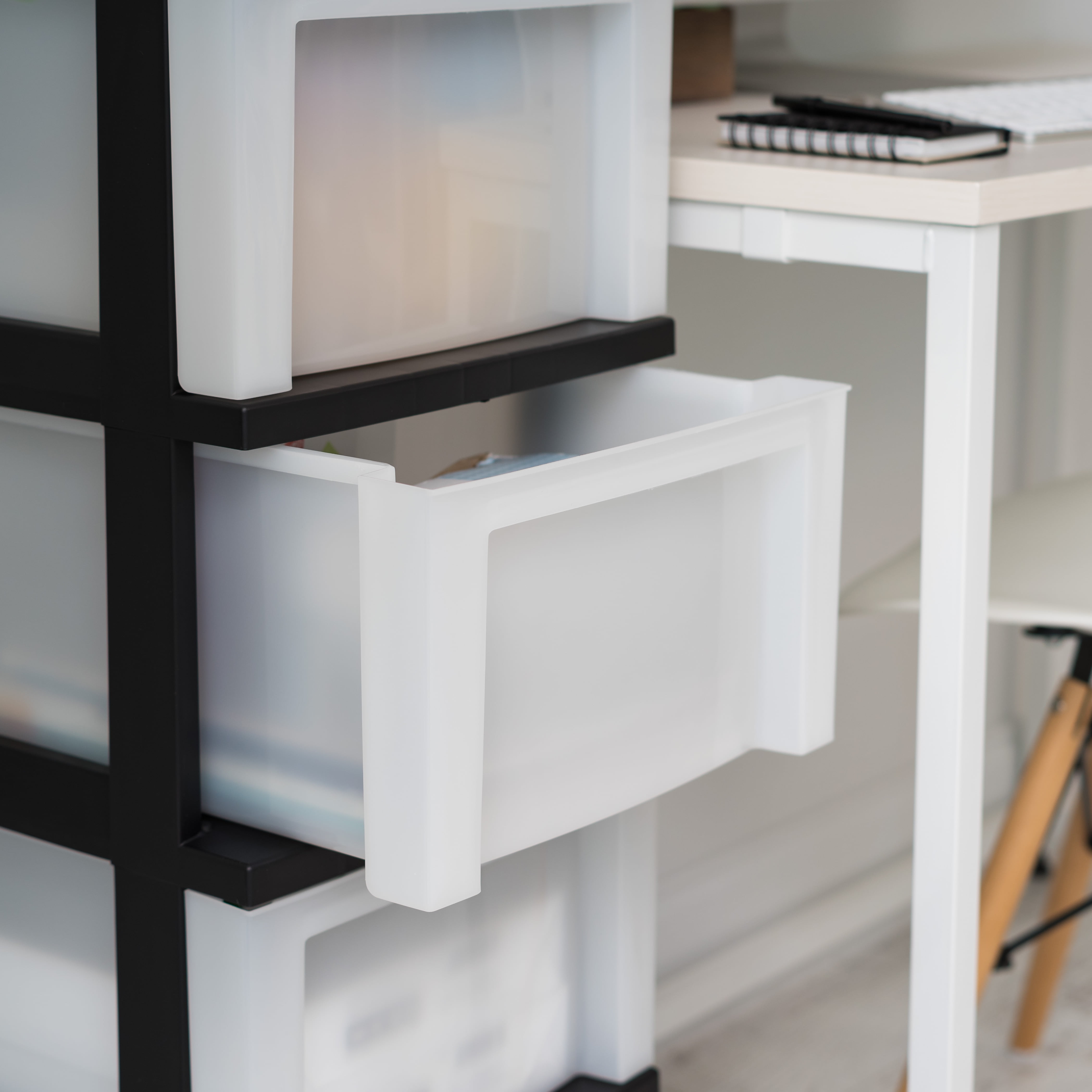 IRIS 4-Drawer Narrow Plastic Storage Drawer Cart with Organizer Top, Black