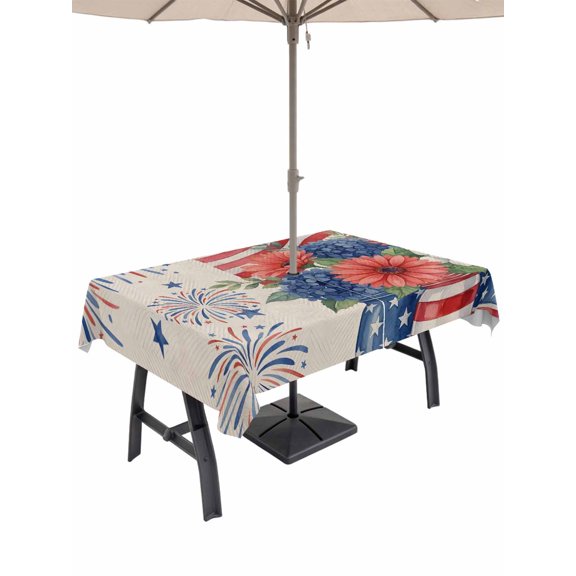 Outdoor Tablecloth with Umbrella Hole for Patio/Picnic/Party/Camping, Independence Day Floral Waterproof Table Cloth Rectangle Table Cover Washable, Anniversary USA Flag Vintage (60"x 84")