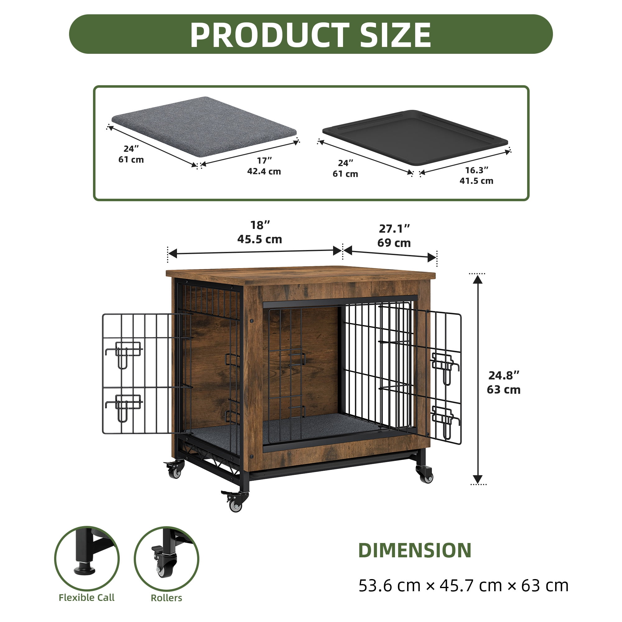 Uforic 27" Dog Crate Furniture with Cushion & Tray, Wooden Indoor Dog Kennel End Table for Small Dogs, Rustic Brown