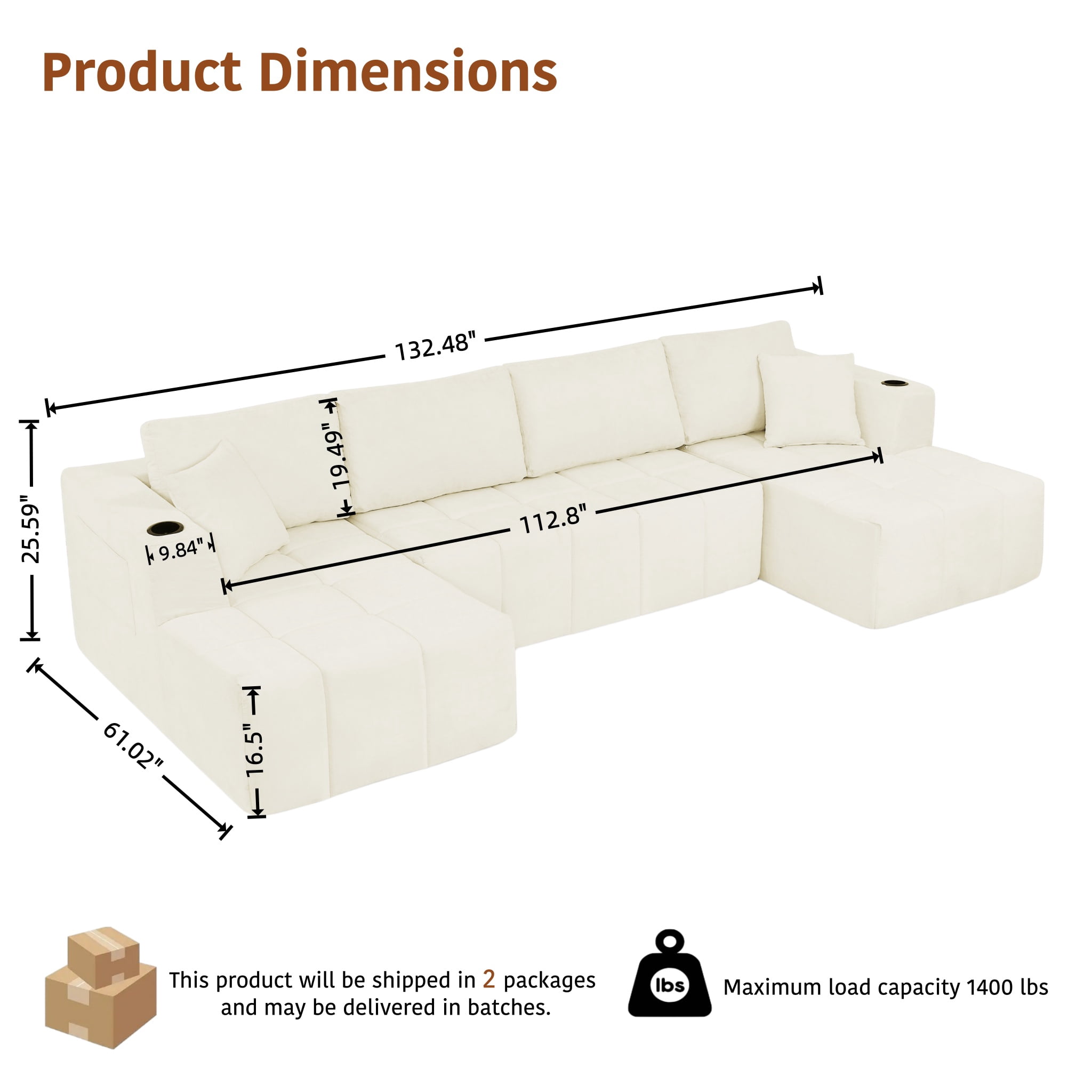 ShiKeyi 132.5" Modern U-Shaped Modular Sectional Sofa with Double Chaise, Premium Chenille Fabric Cloud Couch Set with Cup Holders & Storage Pockets for Living Room, Beige