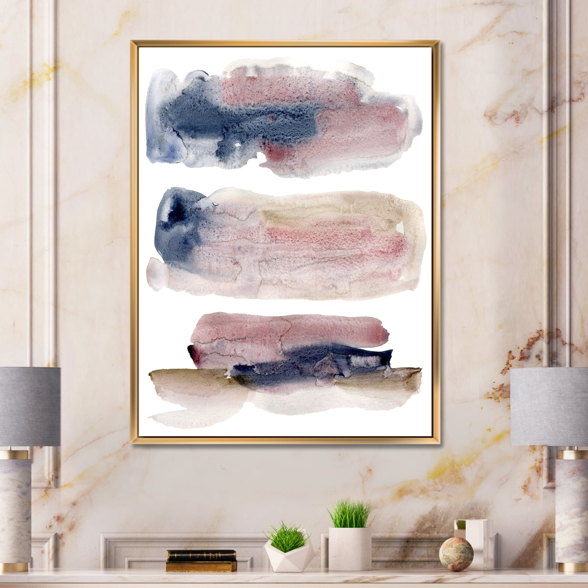 Designart 'Beige Blue and Pink Clouds' Modern Framed Canvas Wall Art Print