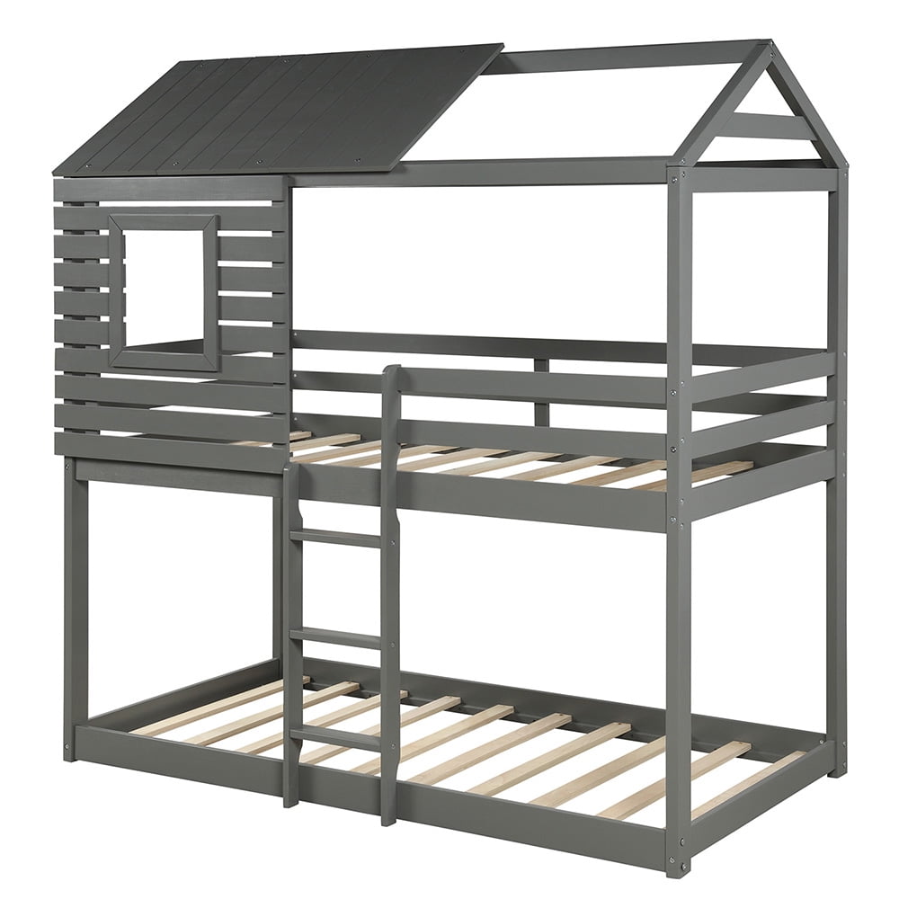 Kepooman Twin Over Twin Wood Bunk Bed with Roof & Window & Guardrail & Ladder for Kids, 77.8"L x 41"W x 83.1"H, Gray Kepooman Twin Over Twin Wood Bunk Bed with Roof & Window & Guardrail & Ladder for Kids, 77.8"L x 41"W x 83.1"H, Gray