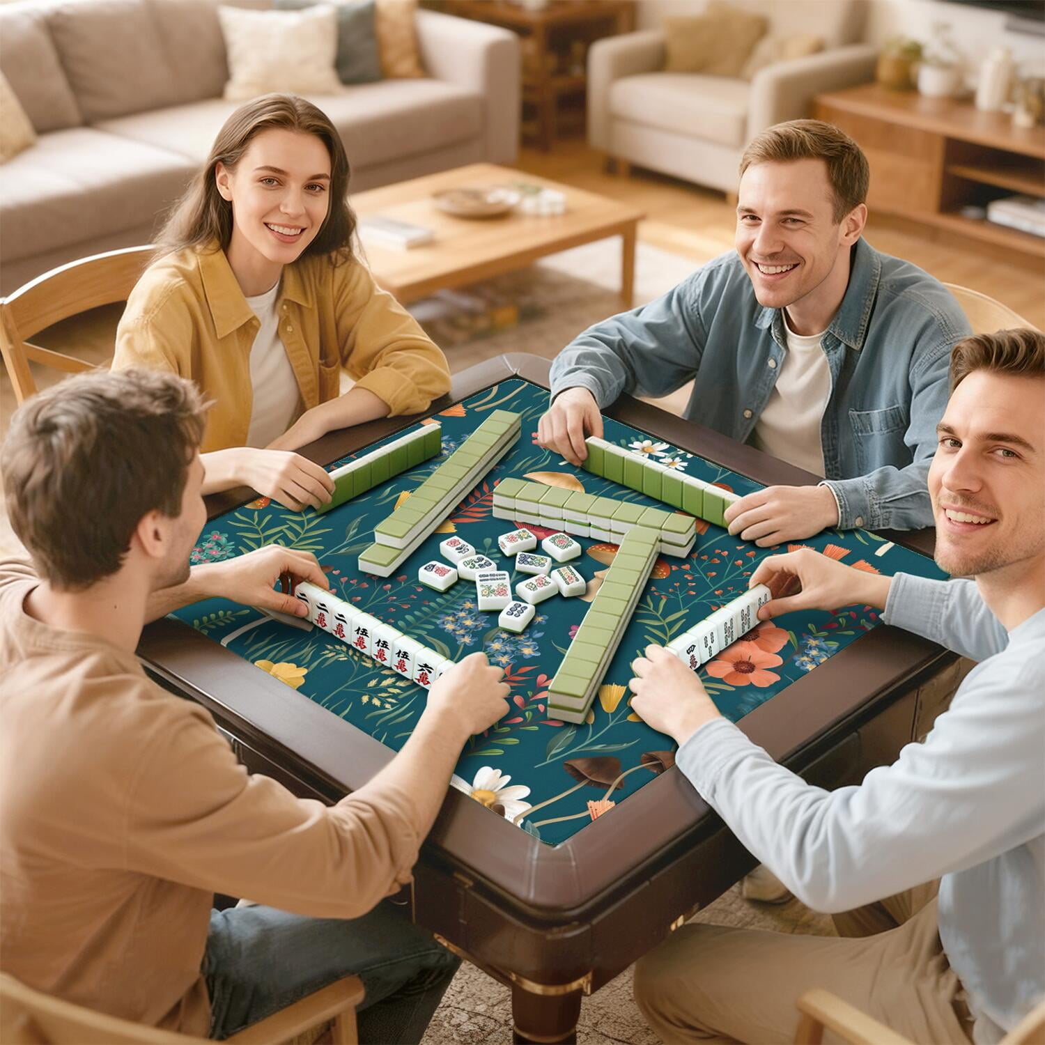 Plants Design Mahjong Table Mat 31.5x31.5 Inches Crafted from Durable Rubber with Anti-Slip Non-Slip Backing and Noise Dampening for Board Games Cards