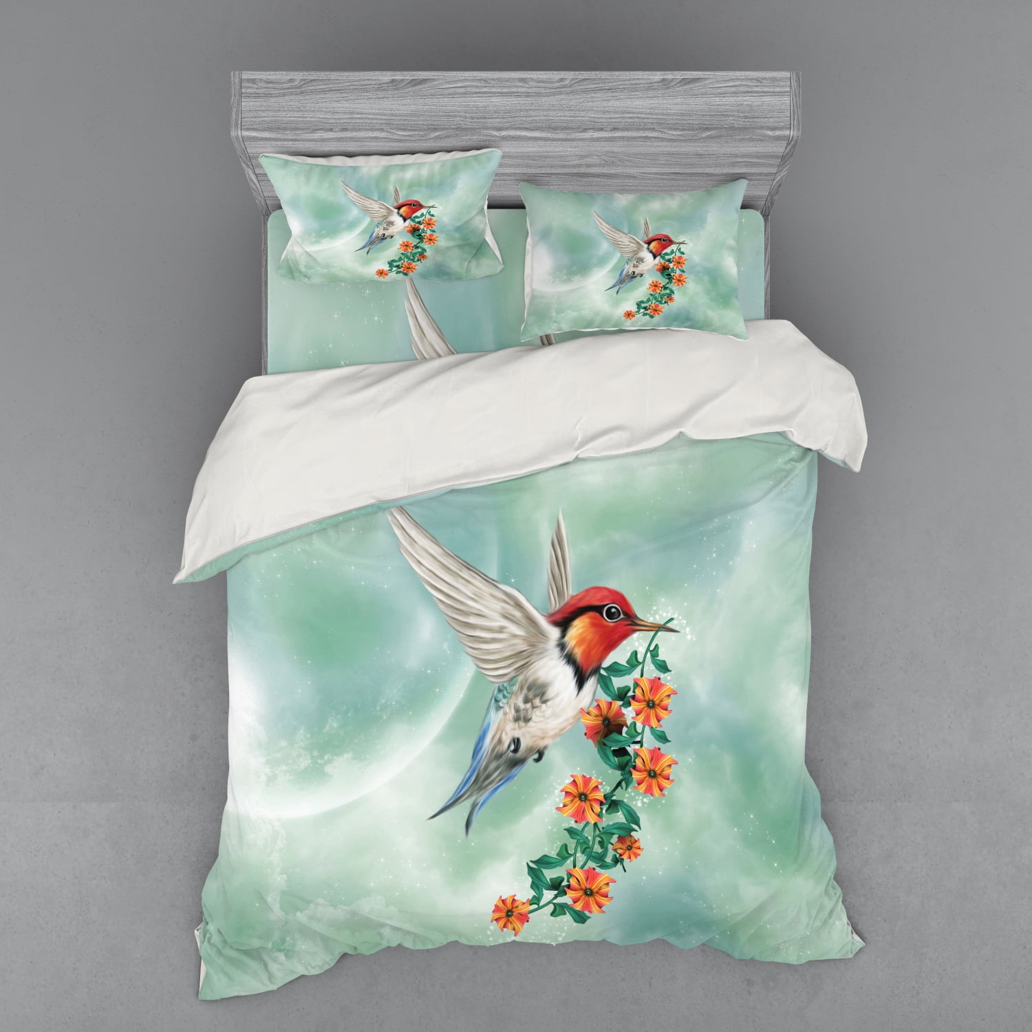 Hummingbird Duvet Cover Set, Bird Is Flying Flowered Branch Floral