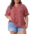 thumbnail image 1 of Blusas de verano casuales para mujer de talla grande Agnes Orinda, con estampado floral, cuello en V con volantes y mangas cortas abullonadas, 2X rojo, 1 of 8