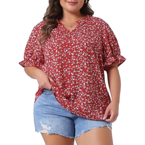 Agnes Orinda Women's Plus Size Floral Tops Ruffled V Neck Puff Short Sleeves Summer Casual Blouse 1X Red