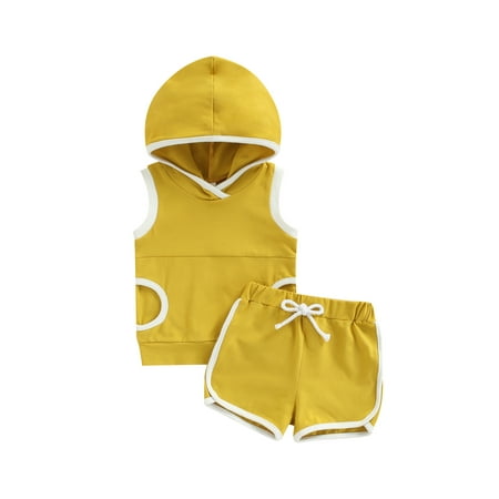 

Domingbub Toddler Baby Girl Boy Tops Pants Suit Sleeveless Hooded Patch Color Shirt Drawstring Shorts Yellow 1-2 Years