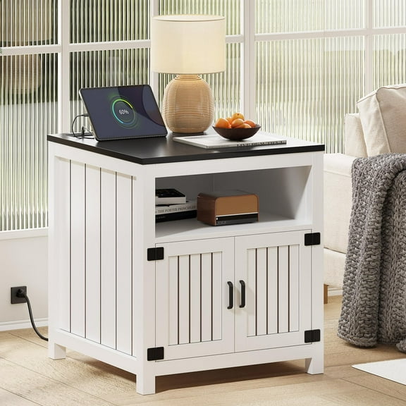 Vividwood Farmhouse End Table with Charging Station, 24" Large Side Table with Open Shelf and Storage Cabinet, White