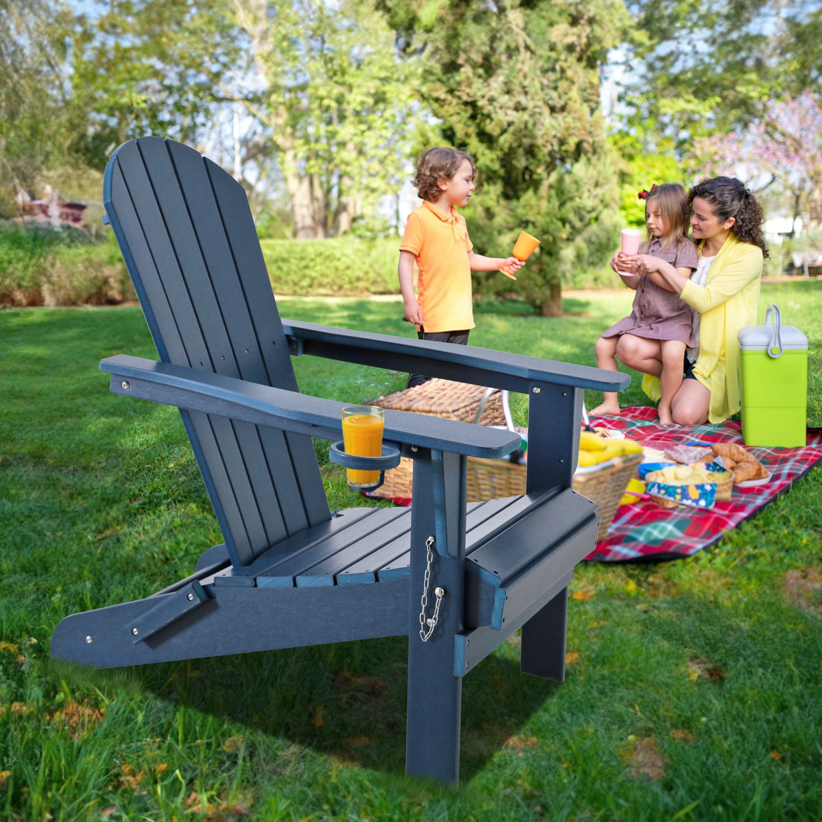 FHFO Folding Adirondack Chair,HDPE All-Weather Patio Chairs with Cup Holder for Outside, Deck, Lawn, Backyard, Garden, Fire Pit(Navy Blue)