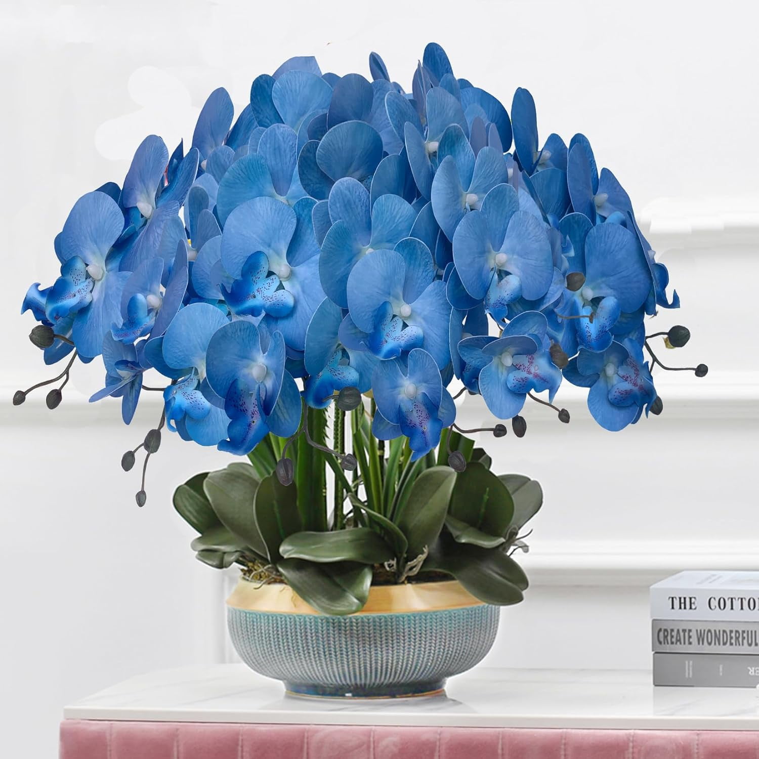 3Artificial Phalaenopsis Flowers with Leaves Artificial Orchid Flowers Stem Plants Fake Butterfly Phalaenopsis Flowers for Home Wedding Party Décor (Yellow)