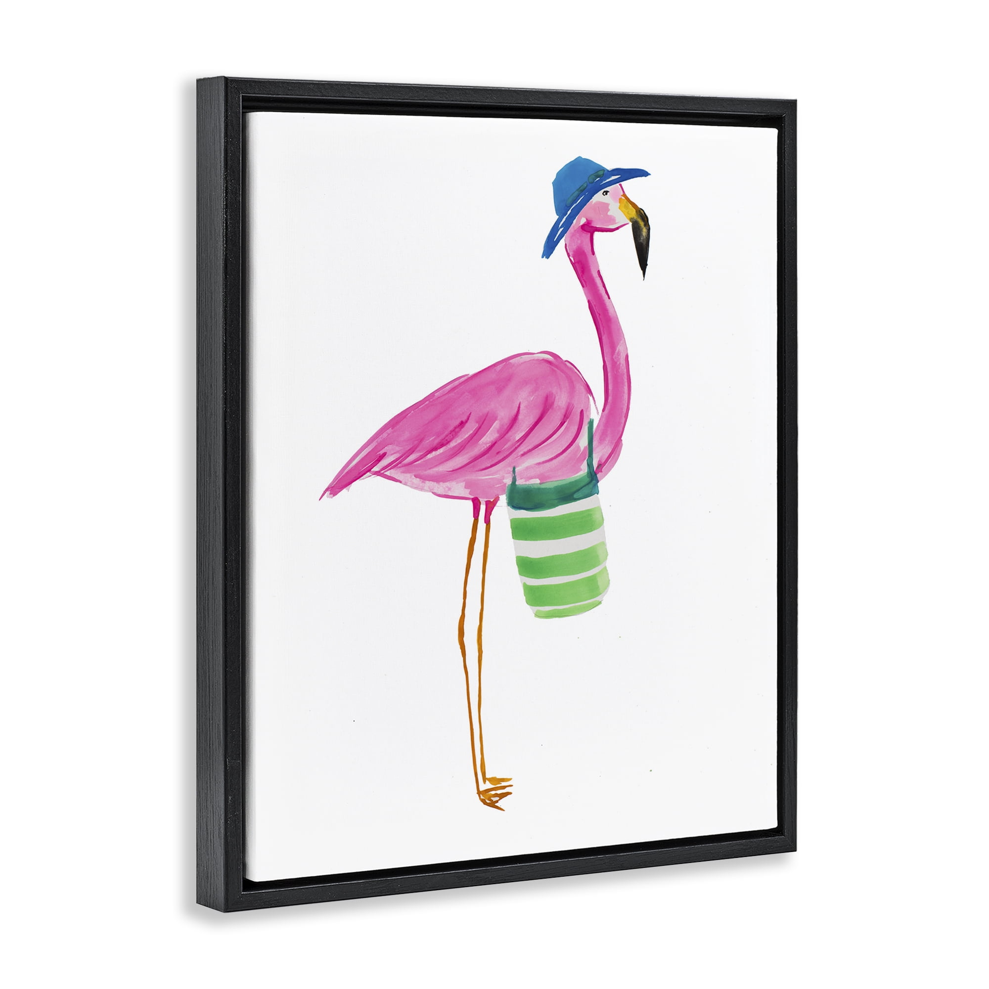 Stupell Industries Flamingo with Beach Bag Animals & Insects Painting Black Floater Framed Canvas Art Print Wall Art, 25 x 31