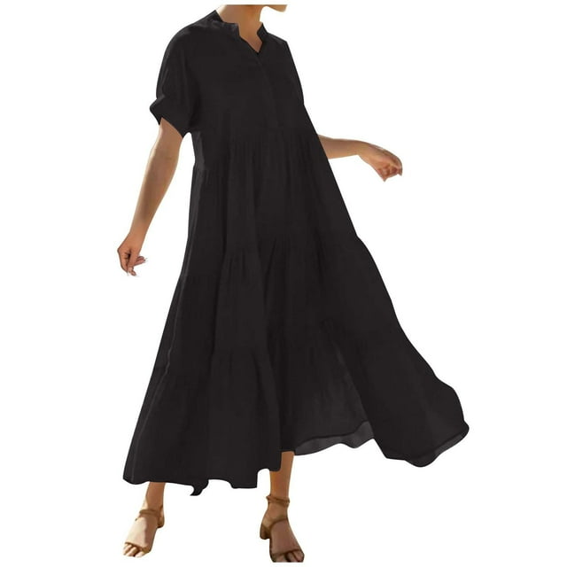 Women's Summer Casual Dress with Pockets - V-Neck Solid Color Short Sleeve, Fold Waist Lightweight & Machine-Washable