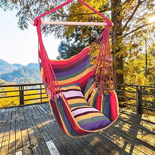Hammock Chair Hanging Rope Swing, Distinctive Cotton Canvas Hanging Rope Chair with Pillows Rainbow Macrame Swing with Hanging Kit,for Indoor Outdoor Bedroom Patio
