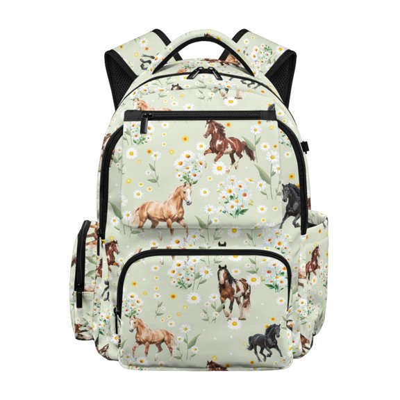 Chririnla Horse Daisy Pattern School Bag with Water Resistant, Soft Lightweight 17 Inch Book Bag for Back to School College