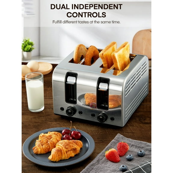 4-Slice Toaster -Stainless Steel Toaster Wide Slot, with Dual Control Panels, 6 Shade Settings, Removable Crumb Tray, Defrost, Reheat, Cancel