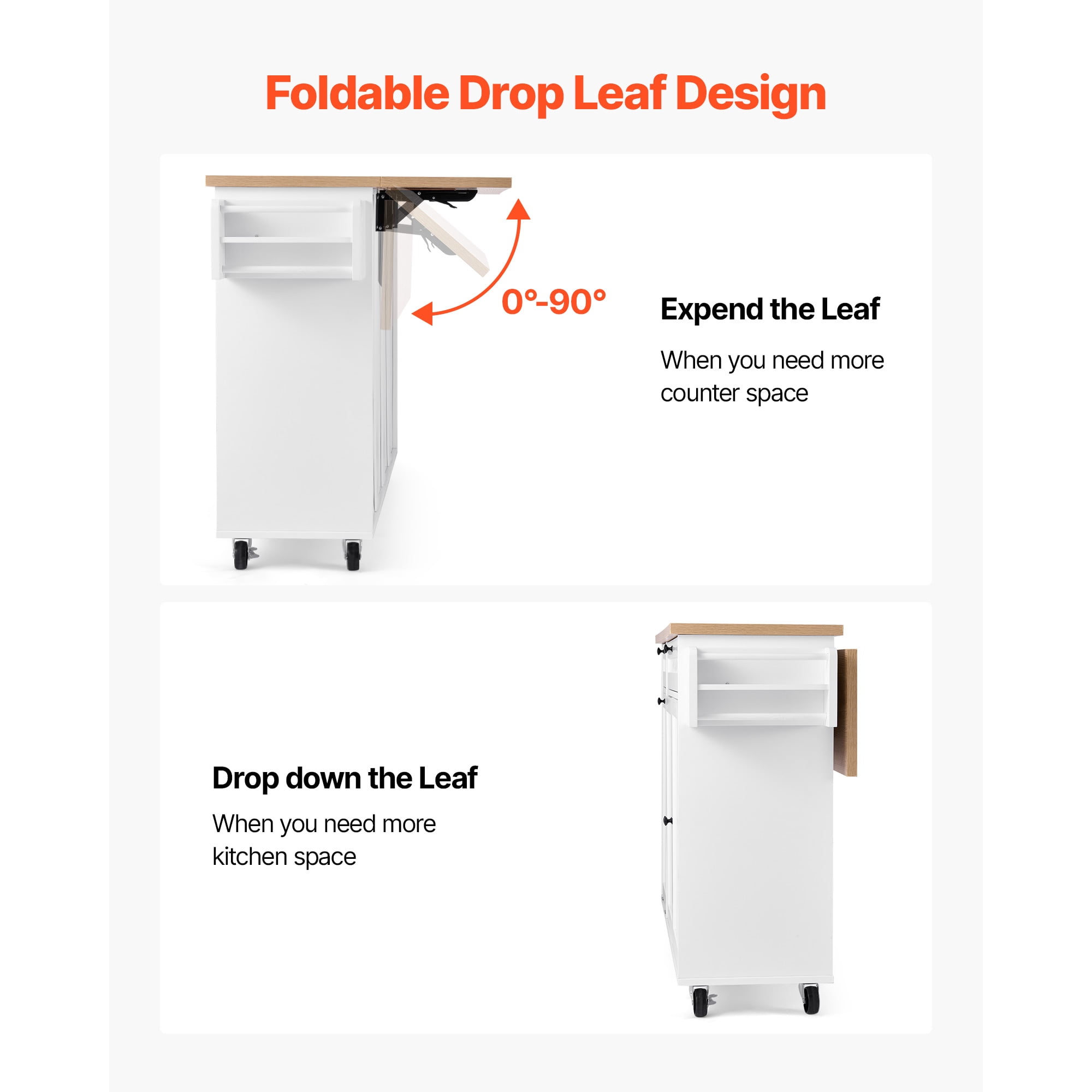 KFFKFF 60in Wide Mobile Kitchen Island Cart with Storage, Drop Leaf, 2 Drawers, Trash Bin Cabinet, Knife Slot, Spice Organizer, and Towel Bar, Ideal for Dining Room or Pantry