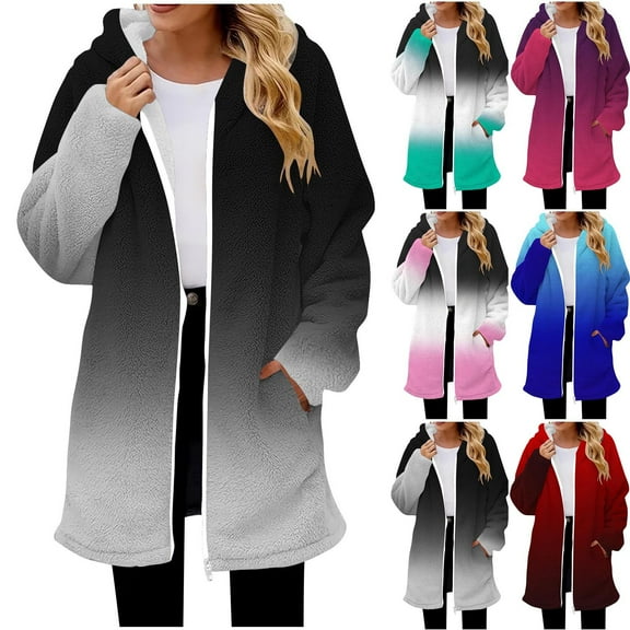 jobturf Hoodies for Women Fashion Gradient Fleece Jacket Full Zip up Long Sleeve Hooded Sweatshirts Casual Winter Coats with Pockets