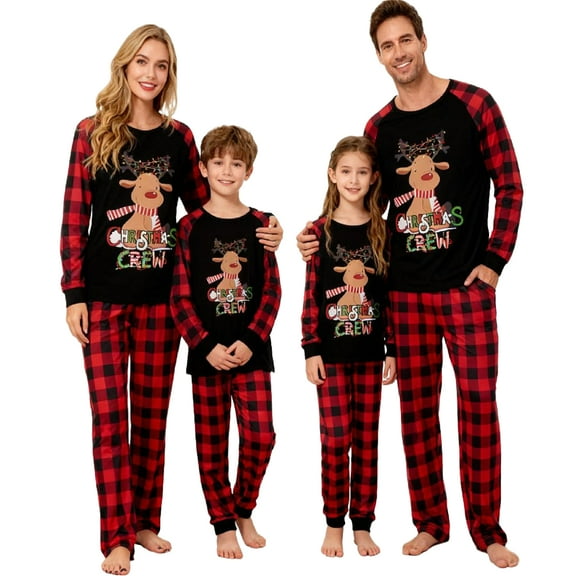 Family Matching Christmas Pajama Set, Reindeer Long Sleeve Tops Elastic Waist Plaid Pants