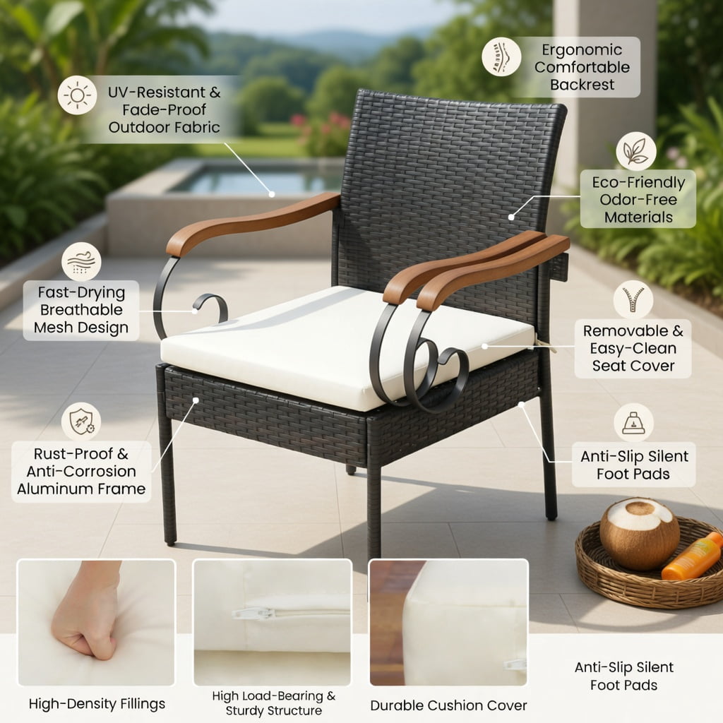 Hommoo 2-Piece Outdoor PE Wicker Dining Chairs with Acacia Wood Armrests, Weather-Resistant Patio Seating Set, Off-White Cushions, Sturdy X-Frame Design, Brown