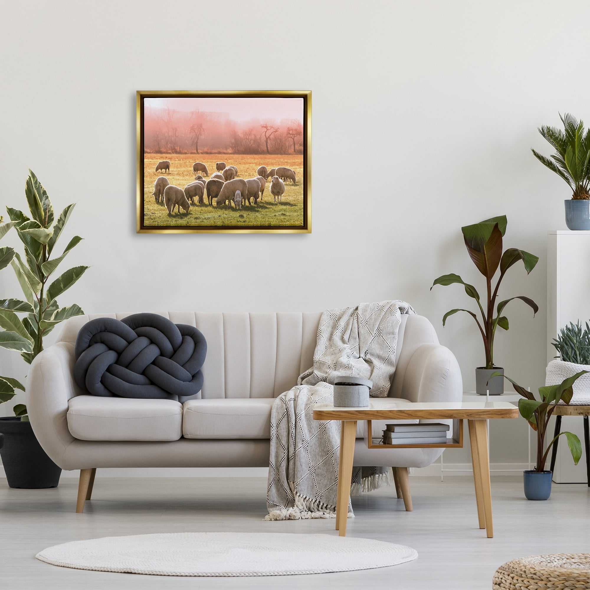 Stupell Industries Sheep Herd Grazing Warm Pink Sunset Rural Grassland Photograph Metallic Gold Floating Framed Canvas Print Wall Art, Design by Daphne Polselli