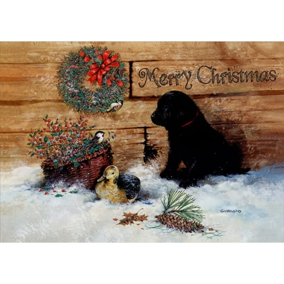 LPG Greetings Black Lab Puppy in Snow : Giordano Deluxe Glitter Christmas Card