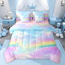 jejeloiu Multicolor Gradient Rainbow 7pcs Bedding Comforter Set,Galaxy Sky Clouds Queen Bedding Sets For Kids Reversible