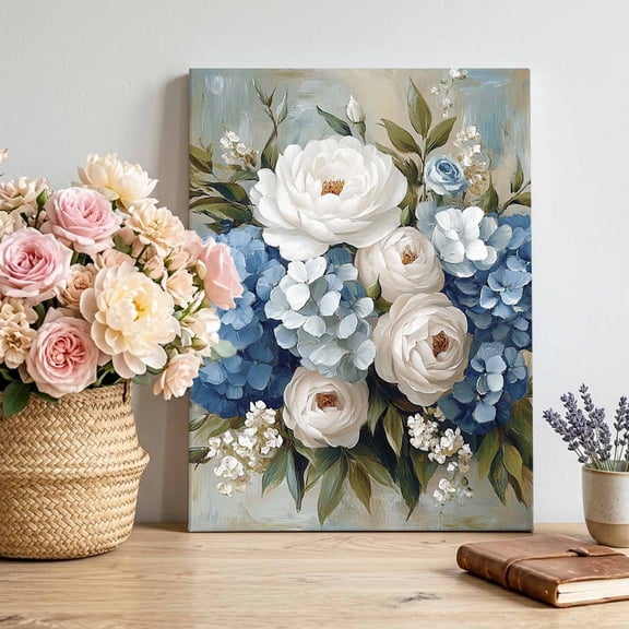 Canvas Wall Art Hydrangea Camellia Canvas Art Print Spring White Blue Floral Flower Oil Painting Style Pictures Wall Decor for Living Room Bedroom Artwork Decorations Framed Ready to Hang 24"x36"