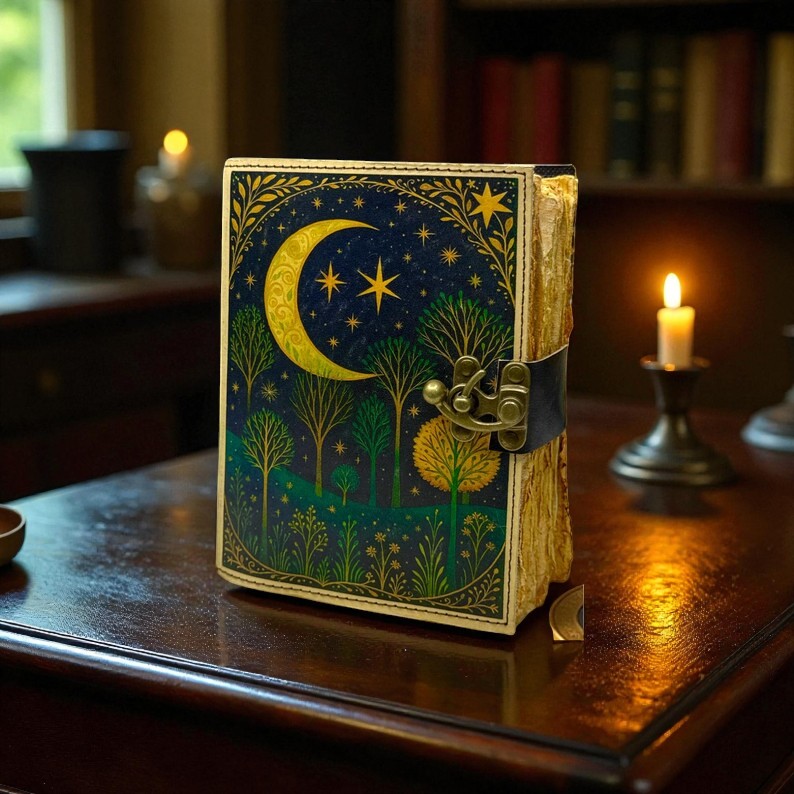 Leather Moon Tree Witchcraft Journal – Handmade 5x7 Inch Grimoire, 200 Deckle Pages, Wiccan Pagan Spellbook, Witchy Notebook