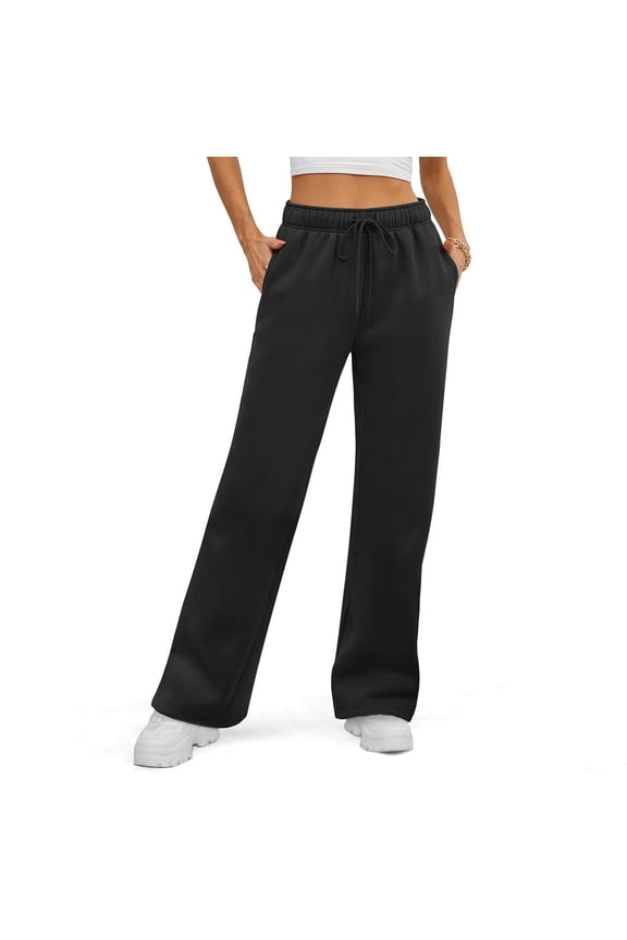 Women's High Waisted Straight Leg Sweatpant Comfy Drawstring Workout Solid Sweat Pants with Pocket Fashion Casual Pant Black S