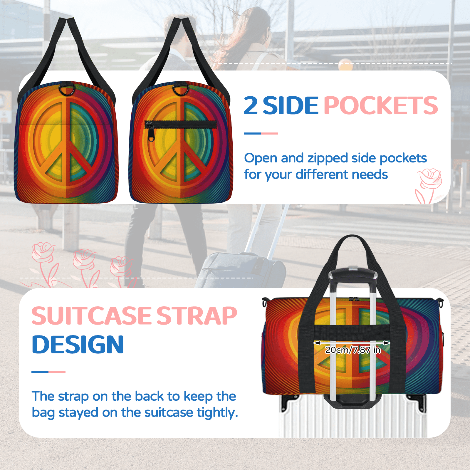 Herdesigns Rainbow Hippie Peace Symbol Gym Bag for Women, Duffle Bag for Travel Sport, Lightweight Waterproof Carry on Weekender Overnight Dance Yoga Workout Bags