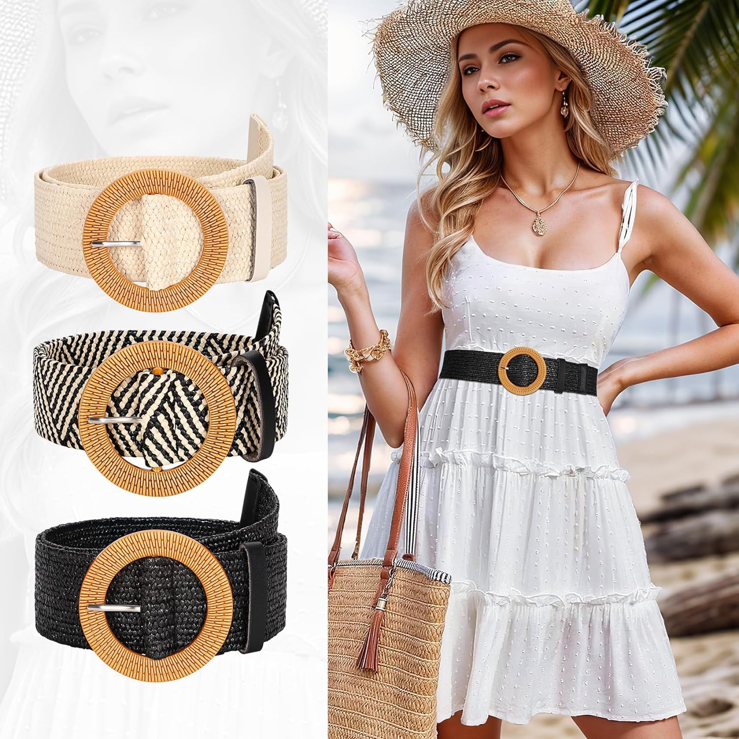 4 Pack Elastic Raffia Woven Belt Boho Stretch Straw Wide Waist Belt 4 Pack Straw Woven Elastic Stretch Waist Belt Fashion Boho  main image 2
