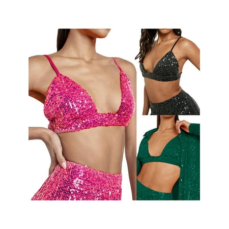 

Women s Sparkle Bra Tops Spaghetti Strap Deep V Neck Sequin Bra