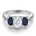 thumbnail image 3 of Gem Stone King 925 Sterling Silver White Moissanite and Blue Sapphire Filigree Style 3 Stone Ring for Women (2.61 Cttw, Oval 8X6MM and 6X4MM) (Size 6), 3 of 6