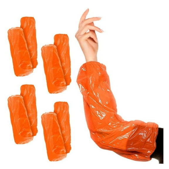 Disposable Arm Sleeves - 100 Pack Orange - 18 Inch Long Waterproof Polyethylene Sleeves with Elastic Cuffs - Protective Arm Covers for Cleanliness & Hygiene