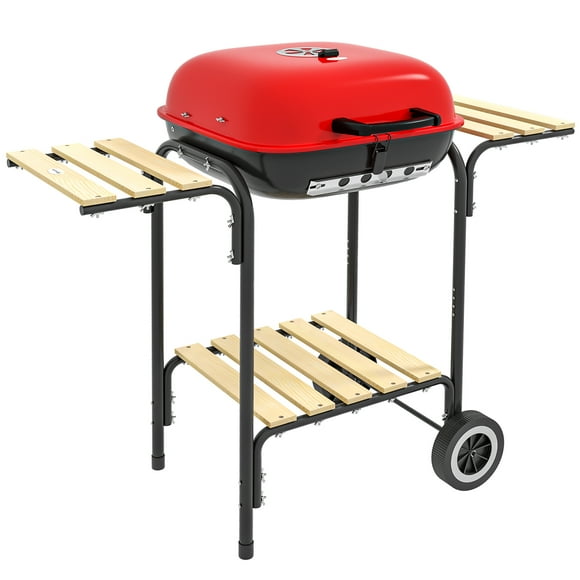 Outsunny Charcoal BBQ Grill Rolling Barbecue Trolley Smoker, Black and Red