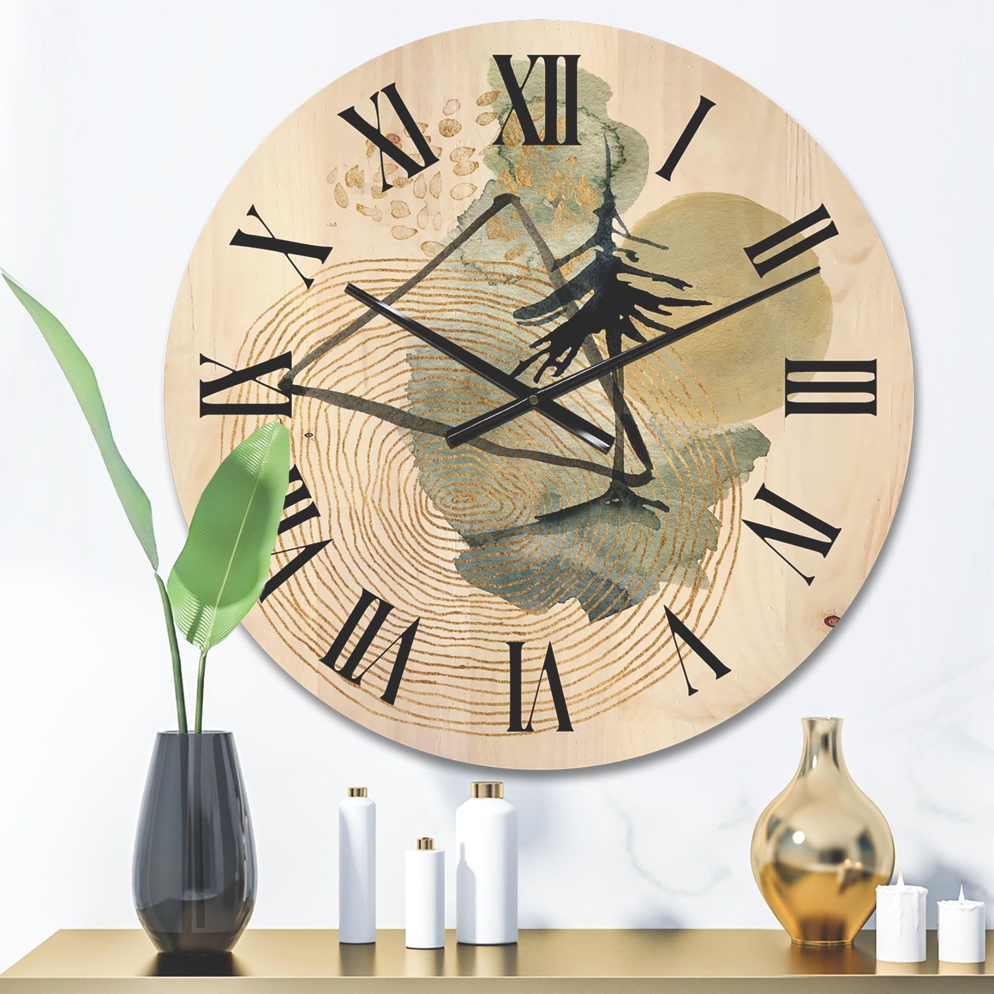 Designart 'Abstract Landscape Of Mountains Tree and Moon' Mid-Century Modern Wood Wall Clock