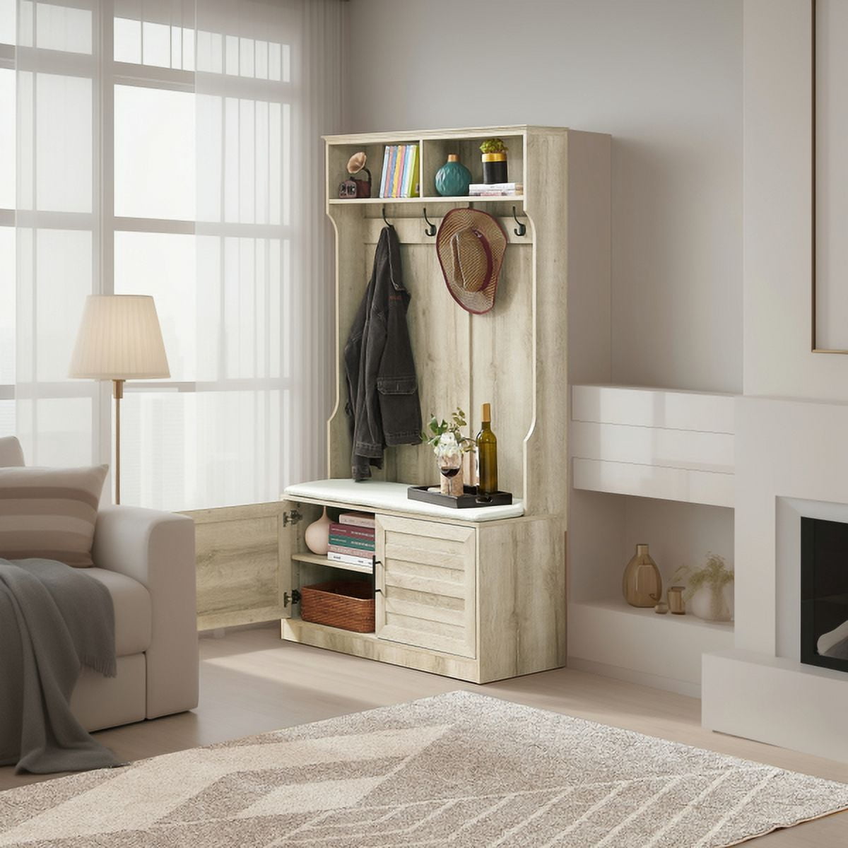 Wood Coat Rack, Storage Shoe Cabinet, with Clothes Hook, with Sponge Pad Product, Multiple Storage Racks, bedroom, porch wardrobe storage rack, Beige