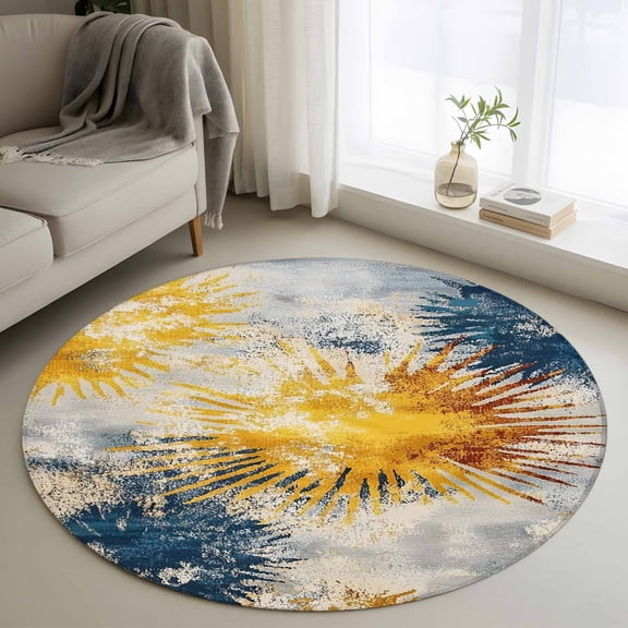 Round Rugs 3Ft, Yellow Blue Shabby Round Area Rug Washable Indoor Throw Carpet, Abstract Modern Artwork Small Non Slip Circle Rug for Bedroom Living Room Home Decor Aesthetic