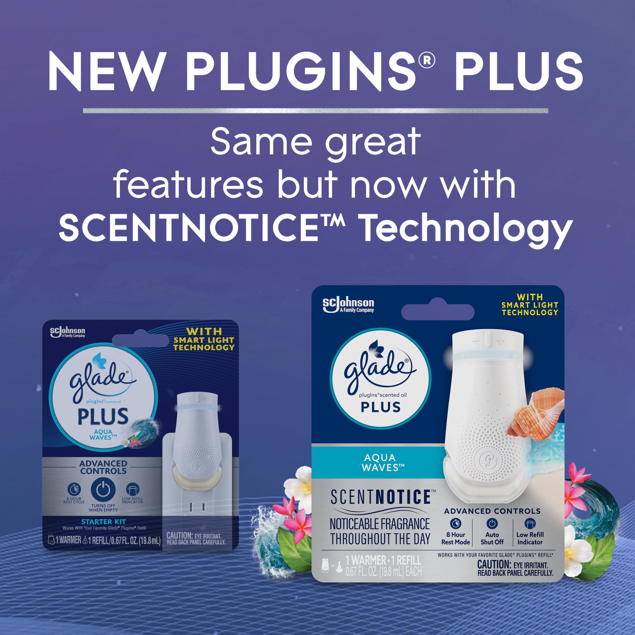 (3 pack) Glade PlugIns Scented Oil PLUS, Air Freshener Oil Warmer and Refill, Aqua Waves™, with ScentNotice Technology