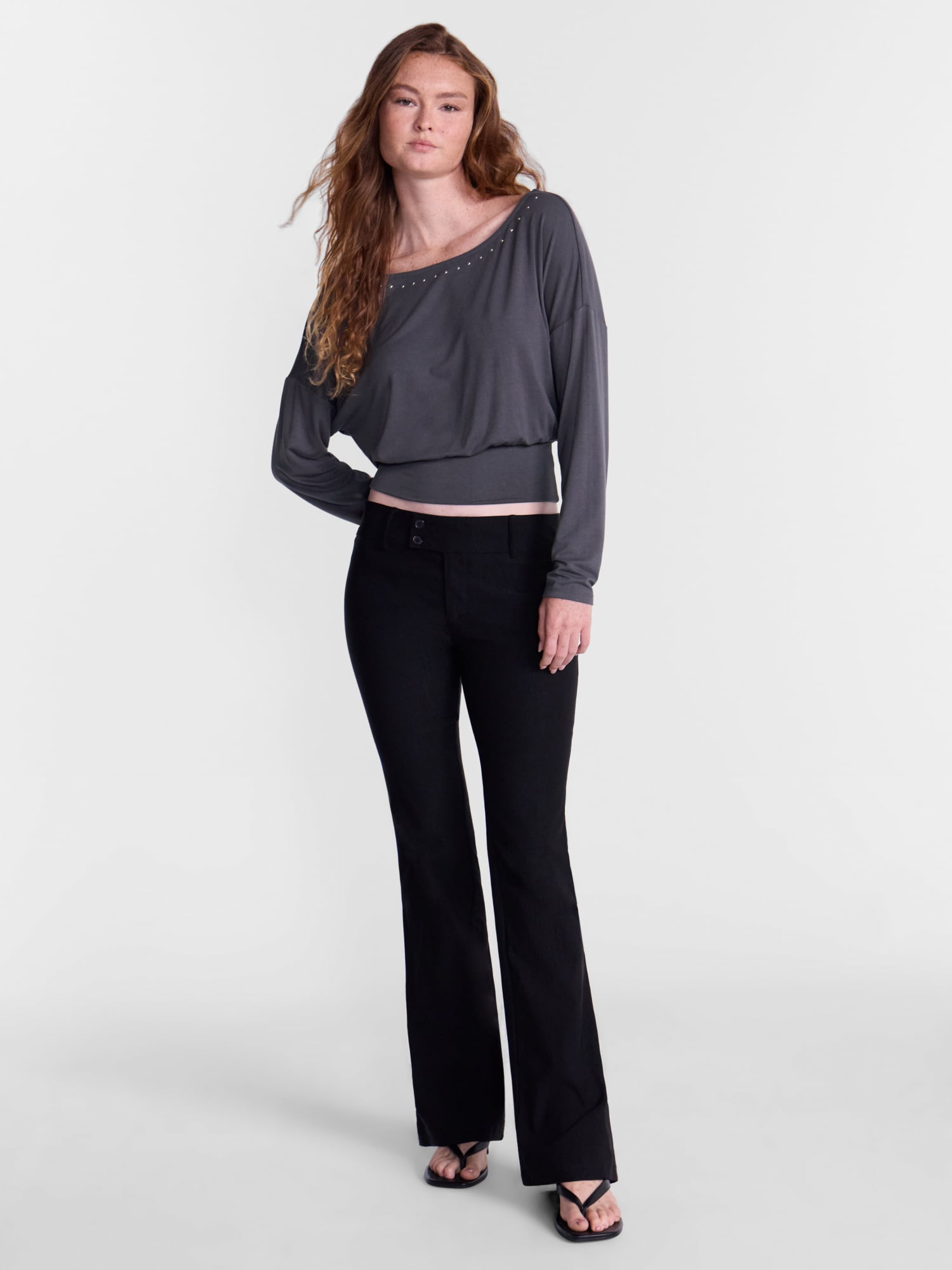 No Boundaries Banded Hem Top with Long Sleeves, Women's XXS-XXL