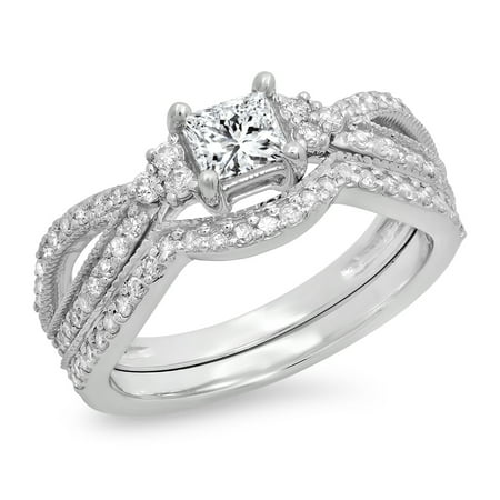 1.00 Carat (ctw) 14K Gold Princess & Round Cut White Diamond Bridal Split Shank Engagement Ring Set 1 CT