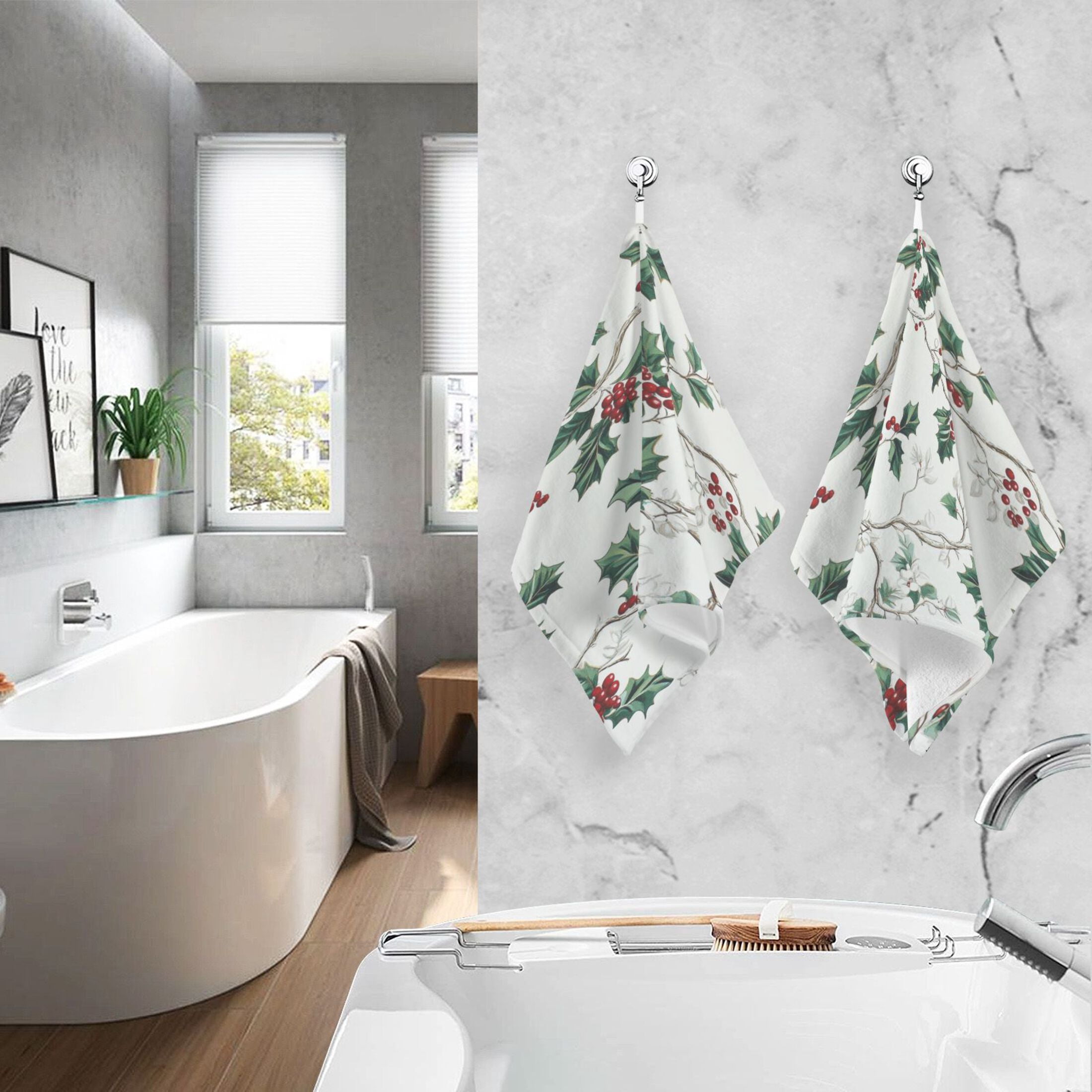 2 Pcs Absorbent Face Towel Bath Hand Towels Soft Breathable Cotton Towel Set for Bathroom Kitchen Hotel Spa Decor Holly Leaves and Berries