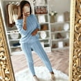 thumbnail image 4 of Ecqkame Autumn Winter Tracksuit Women 2 Piece Sweater Set Clearance Solid Color Off Shoulder Long Sleeve Cable Knitted Warm Two-Piece Long Pants Sweater Suit Set Sky Blue M, 4 of 5